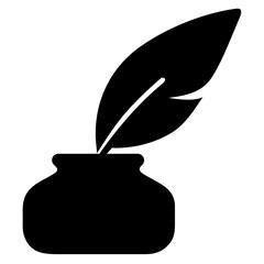 3d icon of a black quill pen in an inkwell, symbolizing writing, literature, and historical documentation with elegance and simplicity
