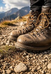 Well-worn hiking boots on rocky terrain with a mountain background