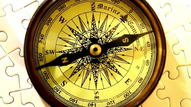 closeup of old style gold compass. Retro styled golden compass and old white nautical chart close-up. Vintage still life. Sailing accessories. Travel, navigation, history, collecting, hobby.