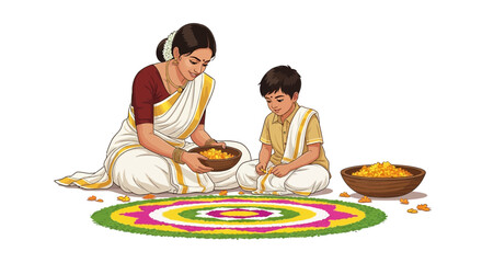 A mother and son are creating a colorful floral Rangoli design on the floor, using yellow flower petals.