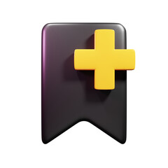 Glossy Black Bookmark with Golden Plus Sign Icon on Transparent Background, 3D Rendered Illustration with Depth and Shadows, Minimalist Design