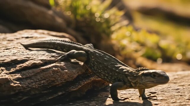 Magnificent tuatara exploring rock formation under golden sunlight