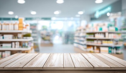 Empty wooden table in front of blurred pharmacy shelves with various products