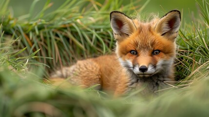 Fototapeta premium Fluffy Baby Red Fox Sleeping in Soft Grass