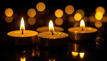 Three lit candles glow in darkness with soft, bokeh light