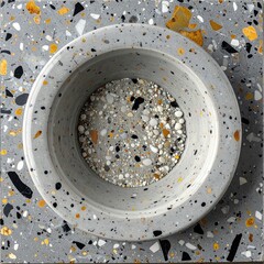 Speckled grey terrazzo pot centered on square tile