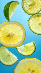 Citrus slices float against a blue, bubbly background