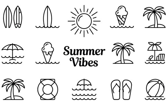 Fun summer vibes collection of beach icons including surfboards sun ice cream palms and more