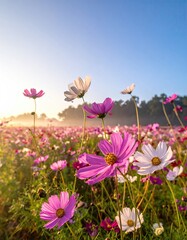 Flower field pink, white, sunlight, misty backdrop