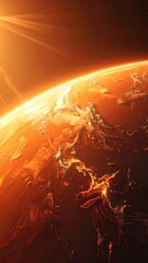 Orange planet in space with sun