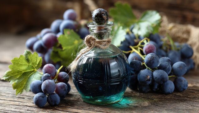Dark grapes and elixir bottle