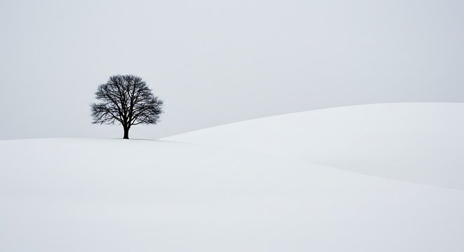 Solitary bare tree silhouetted against a vast, overcast winter sky in a snow-covered landscape - Powered by Adobe