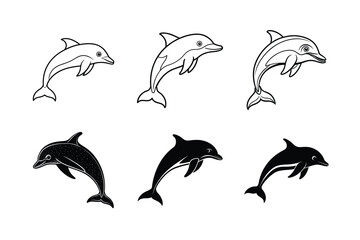 Obraz premium Dolphin Silhouette and Outline Vector Illustrations – Marine Animal Graphic Set