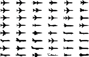Fototapeta premium Collection of silhouette airplane icons diverse aircraft flying shapes for aviation and travel themes