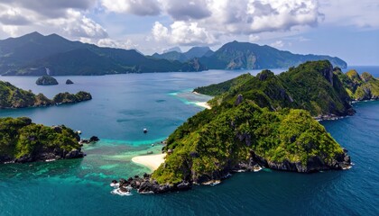 Obraz premium Breathtaking aerial panorama showcasing a picturesque island chain with verdant, lush vegetation cascading towards turquoise waters under a bright, cloudy sky.