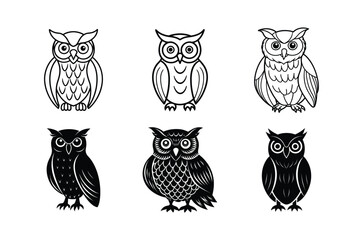 Owl Silhouette and Outline Vector Illustrations – Nocturnal Bird Graphic Set