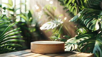 Lush Botanical Product Display on Wooden Podium