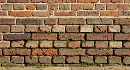 Old brick wall with moss and textured surface background detail