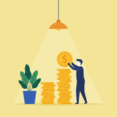 Minimalist flat vector illustration of a simplified character placing a giant gold coin on top of a stack of coins