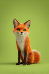 Fototapeta premium A charming orange fox with green eyes sits gracefully against a vibrant green backdrop