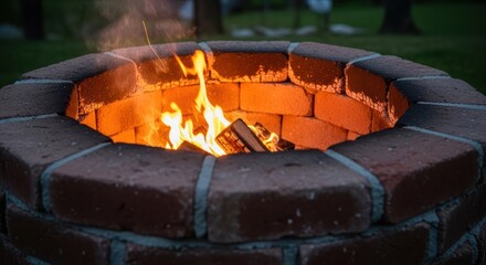 Cozy brick fire pit with burning logs on a dark evening outdoors