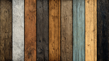A rustic background of colorful weathered wood planks and a single concrete slab create a diverse textured surface,