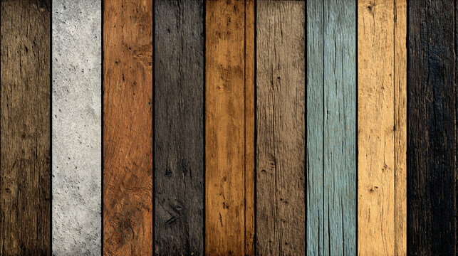 A rustic background of colorful weathered wood planks and a single concrete slab create a diverse textured surface,
