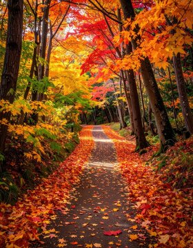 Vivid fall foliage path, red, orange, yellow leaves abundant