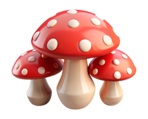3d icon of three cartoon red mushrooms with white spots isolated on transparent background