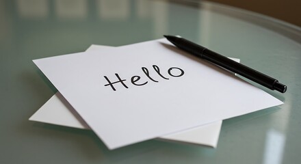 Simple hello note with pen on reflective surface