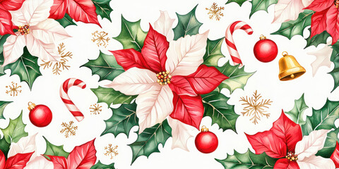 Festive holiday illustration featuring vibrant poinsettias, holly leaves, candy canes, ornaments, and bells, creating a cheerful seasonal atmosphere