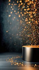Sparkling golden particles cascading from above, illuminating a dark background, creating a magical and enchanting atmosphere for creative projects