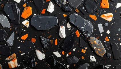 Stone chips in epoxy. Black, orange, grey, white. Abstract