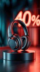 Stylish black wireless headphones displayed on a sleek pedestal with vibrant lighting and promotional text in the background, showcasing modern audio technology