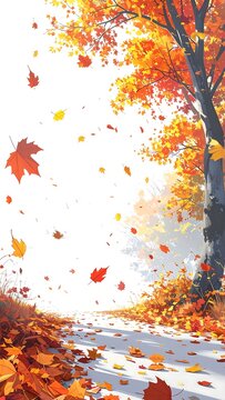 Autumnal path scene with falling leaves and a tree