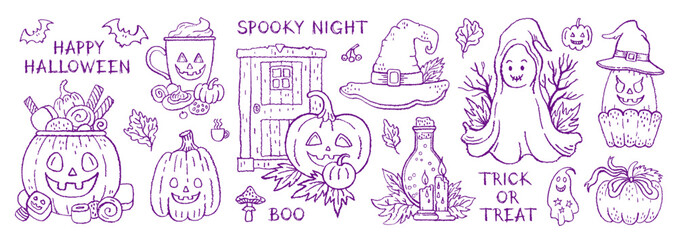 Halloween doodle vector icon. Crayon sketch ghost, pumpkin, witch hat. Cute kid Halloween illustration. Spooky horror silhouette set. Chalk pencil sticker bg. Vintage crayon drawing pattern