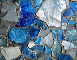 Abstract mosaic with angular blue and gray glass shards