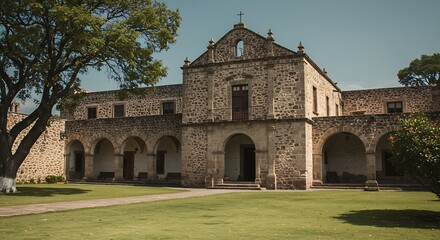 Historic stone building with arches and green lawn under sunny skies