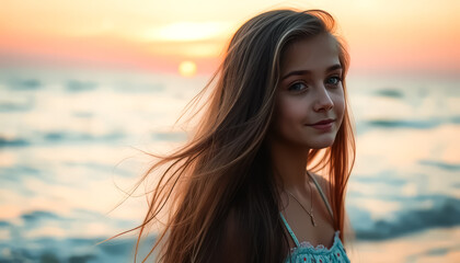 Woman with long hair is standing on the beach