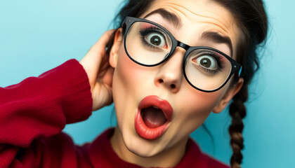 Woman wearing glasses and red sweater with her mouth open