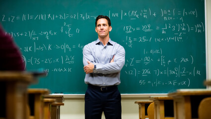 Man stands in front of a blackboard with math equations on it