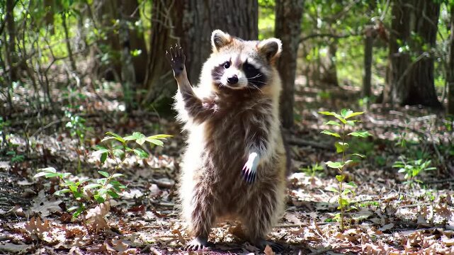 Raccoon Standing Upright With Paws Raised in Sunlit Forest Clear Visuals of Fur Details and Facial Markings Natural Habitat Setting Surrounded by Greenery and Textured Tree Background In Captivating