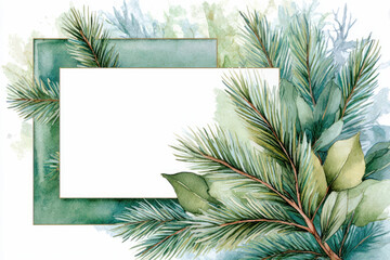 Watercolor illustration featuring pine branches and a blank frame, perfect for seasonal greetings and creative design projects with copy space