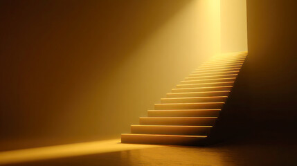 Illuminated staircase leading to an open door, symbolizing progress and achievement in a warm, inviting atmosphere of hope and opportunity