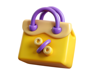 3d icon of yellow cartoon handbag with purple handles isolated on transparent background