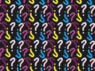 Seamless colorful question mark pattern on dark green background. Hand drawn doodle colorful question mark pattern with kawaii design. Doodle colorful question mark pattern with doodle style.