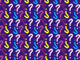 A vibrant, seamless pattern with  colorful question marks and dots on a deep purple background. Colorful question mark seamless pattern background with doodle style. 