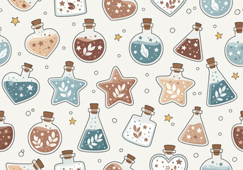 A charming pattern of whimsical potion bottles, in soft blue and brown hues, holds magical elixirs filled with tiny stars and botanical sprigs. Vector Patterns.