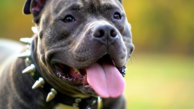 happy pit bull dog wearing spiked collar outdoors