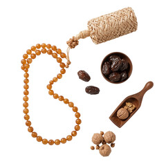 Sacred stillness: Prayer beads, dates, and walnuts symbolizing contemplation on a dark expanse